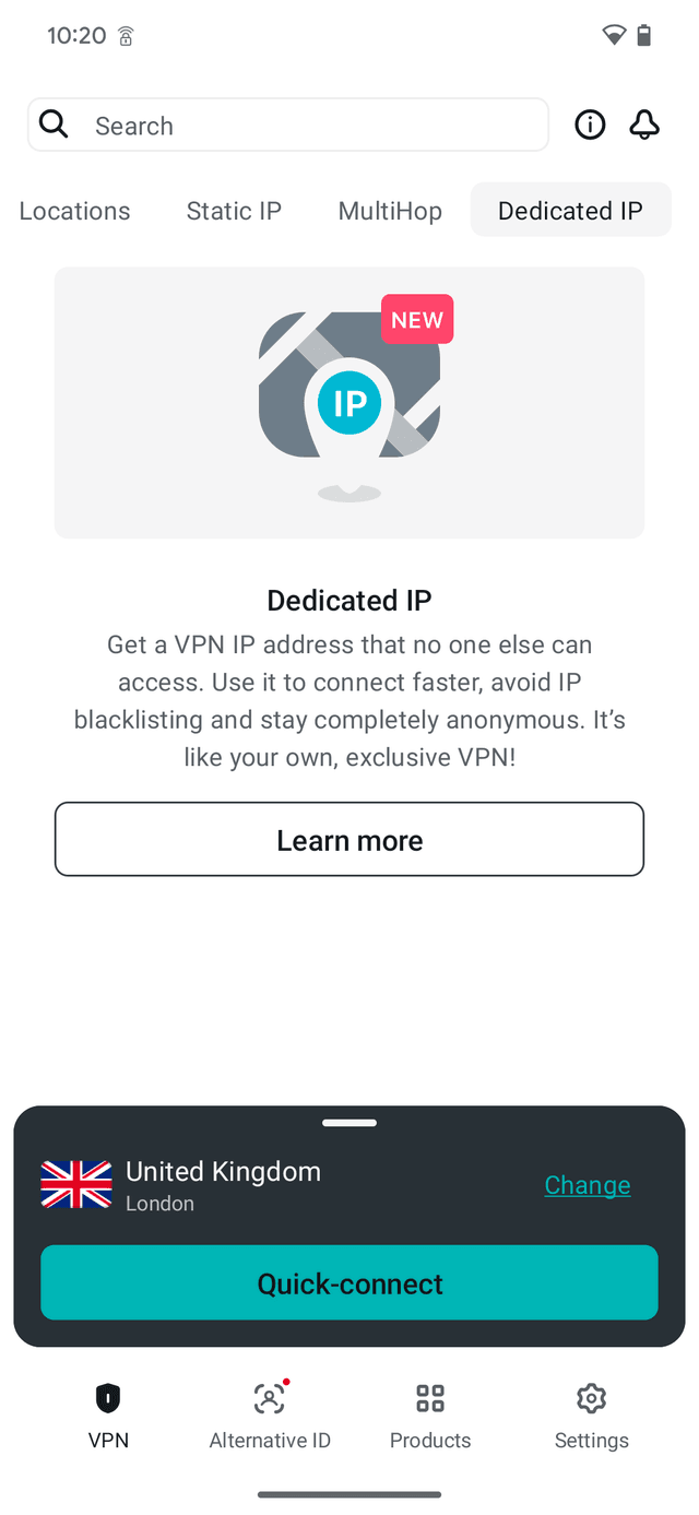 Surfshark's shared static and dedicated IPs in the mobile app