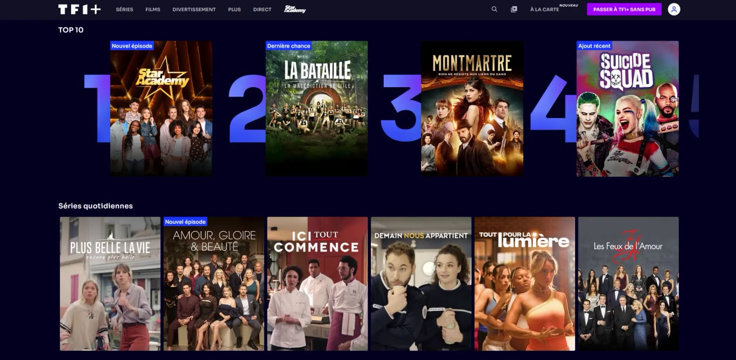 Écran d'accueil de TF1+