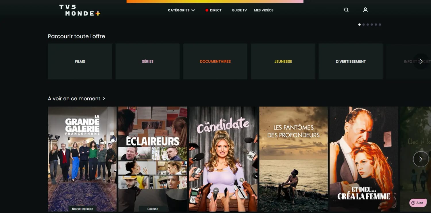 Écran d'accueil de TV5Monde+