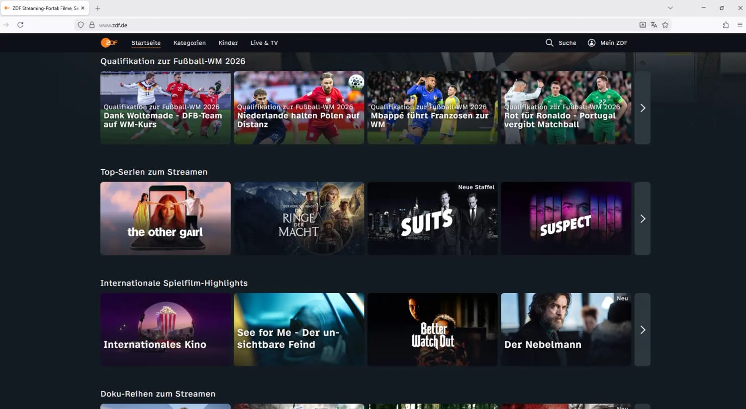 ZDF Streaming-Portal Startseite