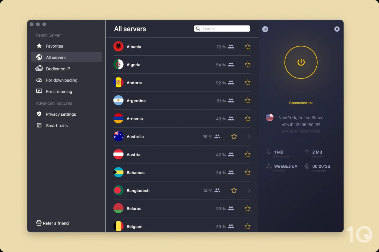 CyberGhost in-app server list