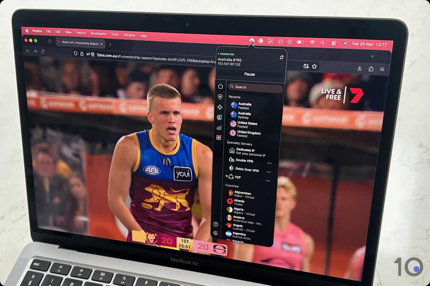 Streaming the AFL on 7plus with NordVPN