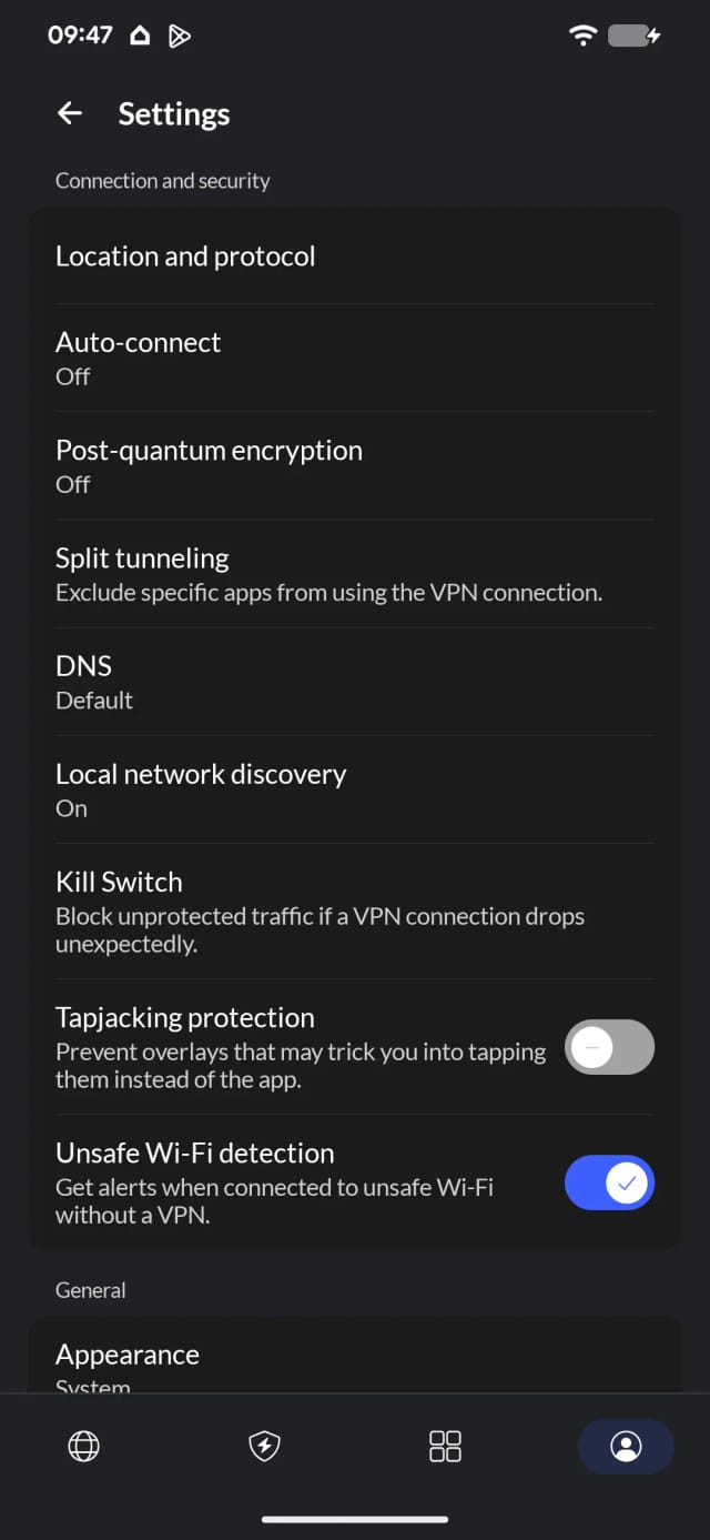 The Settings Menu in the NordVPN Android App