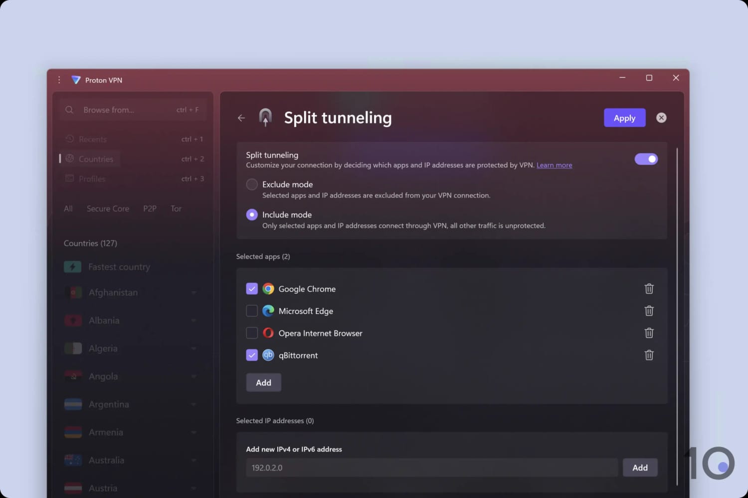 Proton VPN's split tunneling feature