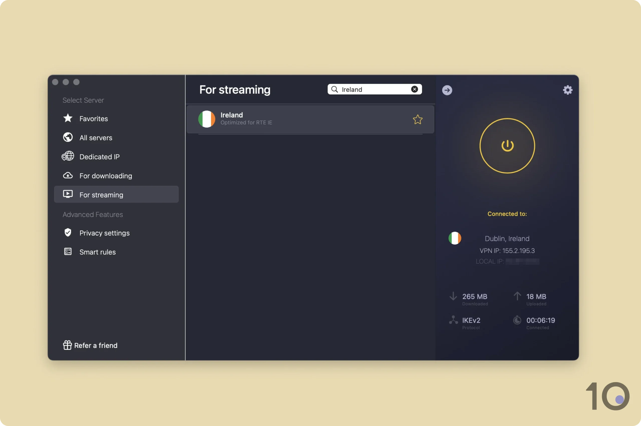 CyberGhost's RTÉ-optimized server