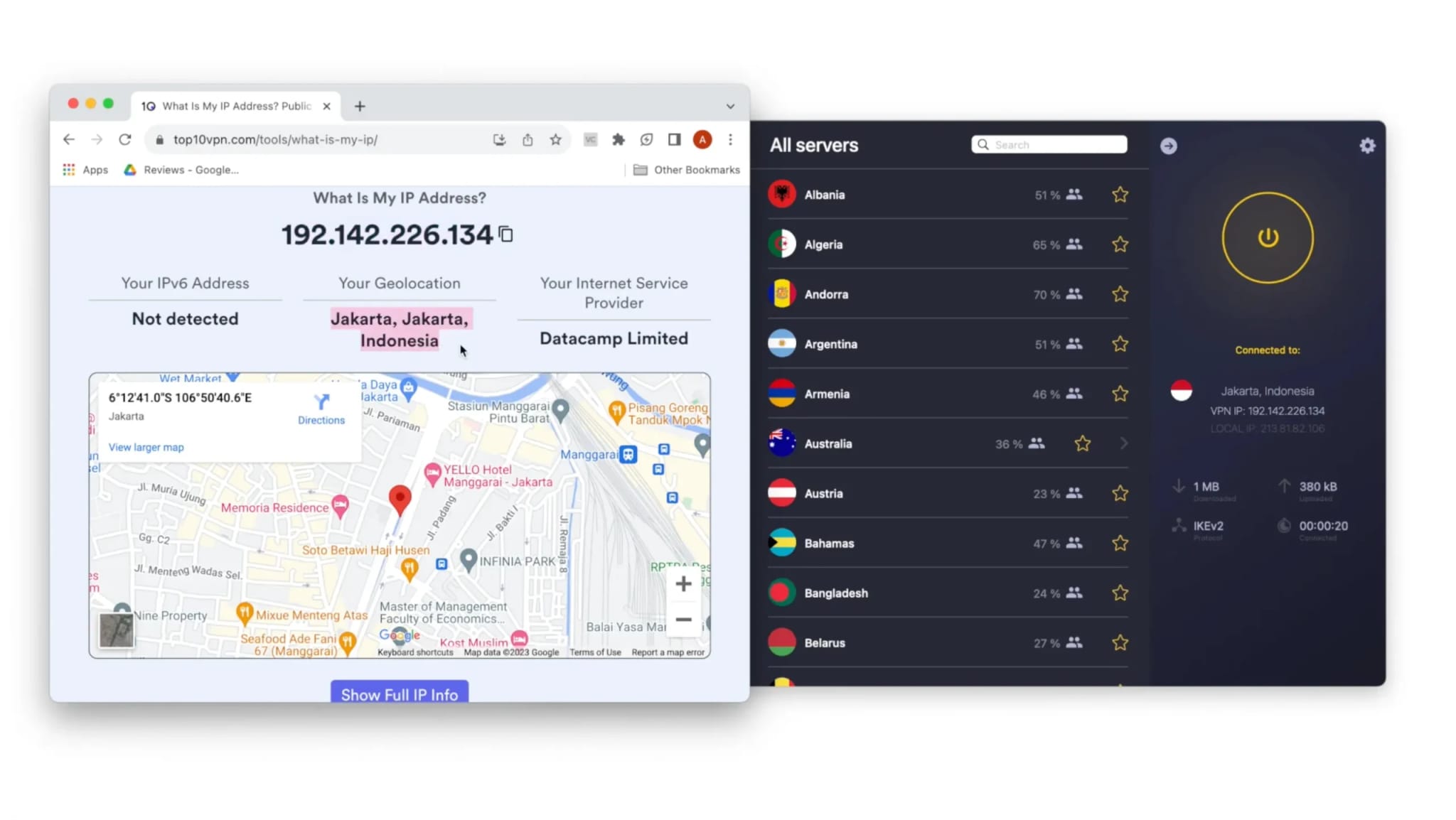 Video Thumbnail of Top10VPN's What Is My IP? Tool showing location detected as Jakarta, Indonesia