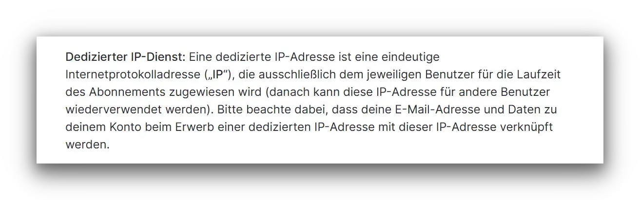 Ein Auszug aus der Website von NordVPN, der vor der Verwendung einer dedizierten IP-Adresse warnt