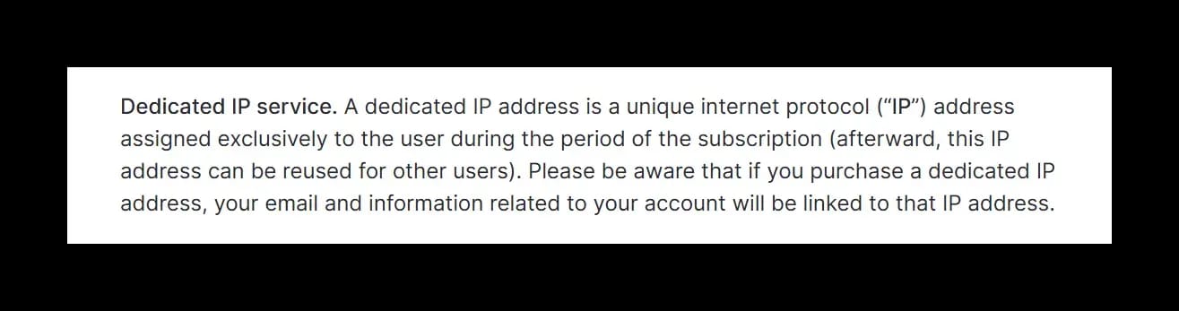 An extract from NordVPN's website warning against using a dedicated IP address
