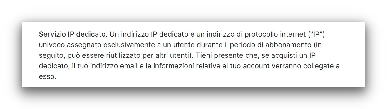 Un estratto dal sito web di NordVPN che mette in guardia contro l'utilizzo di un indirizzo IP dedicato