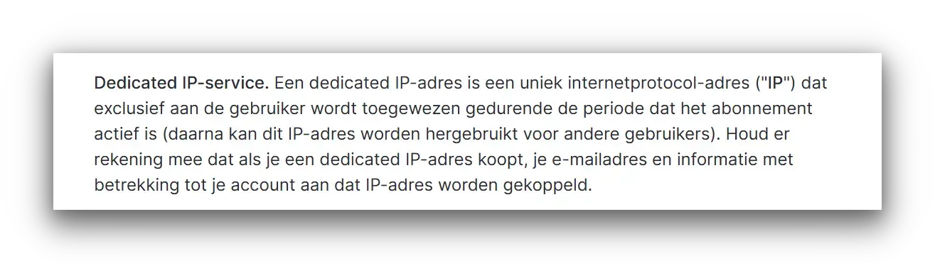 Een stukje van de NordVPN-website dat waarschuwt voor het gebruik van een dedicated IP-adres