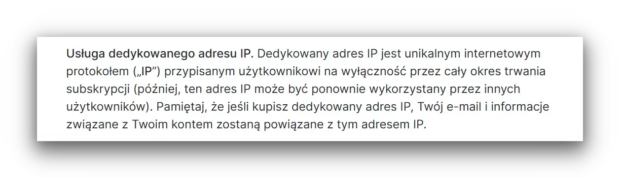 Fragment ze strony NordVPN ostrzegający przed korzystaniem z dedykowanego adresu IP