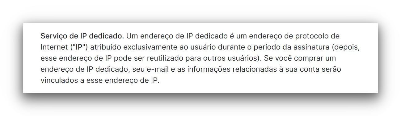 Trecho do site da NordVPN avisando que não deve usar um endereço IP dedicado