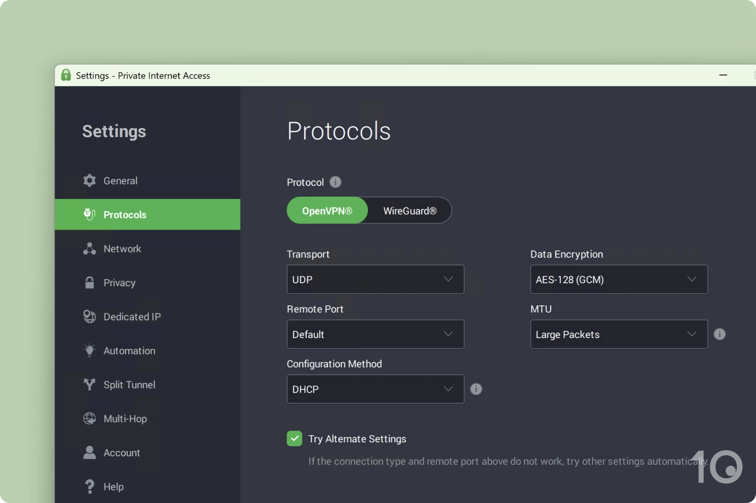 PIA in-app encryption settings