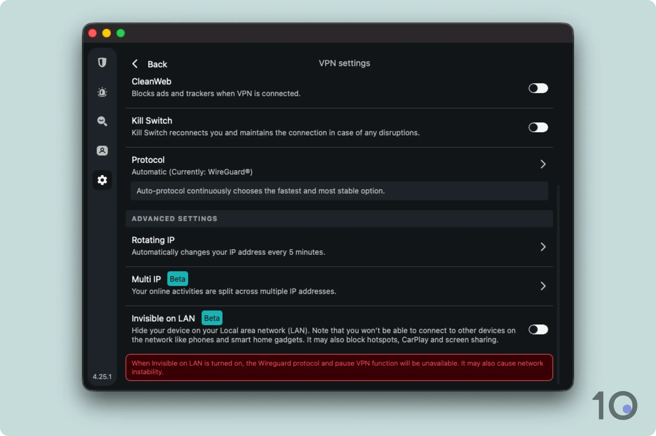 Surfshark's Settings Menu on Mac