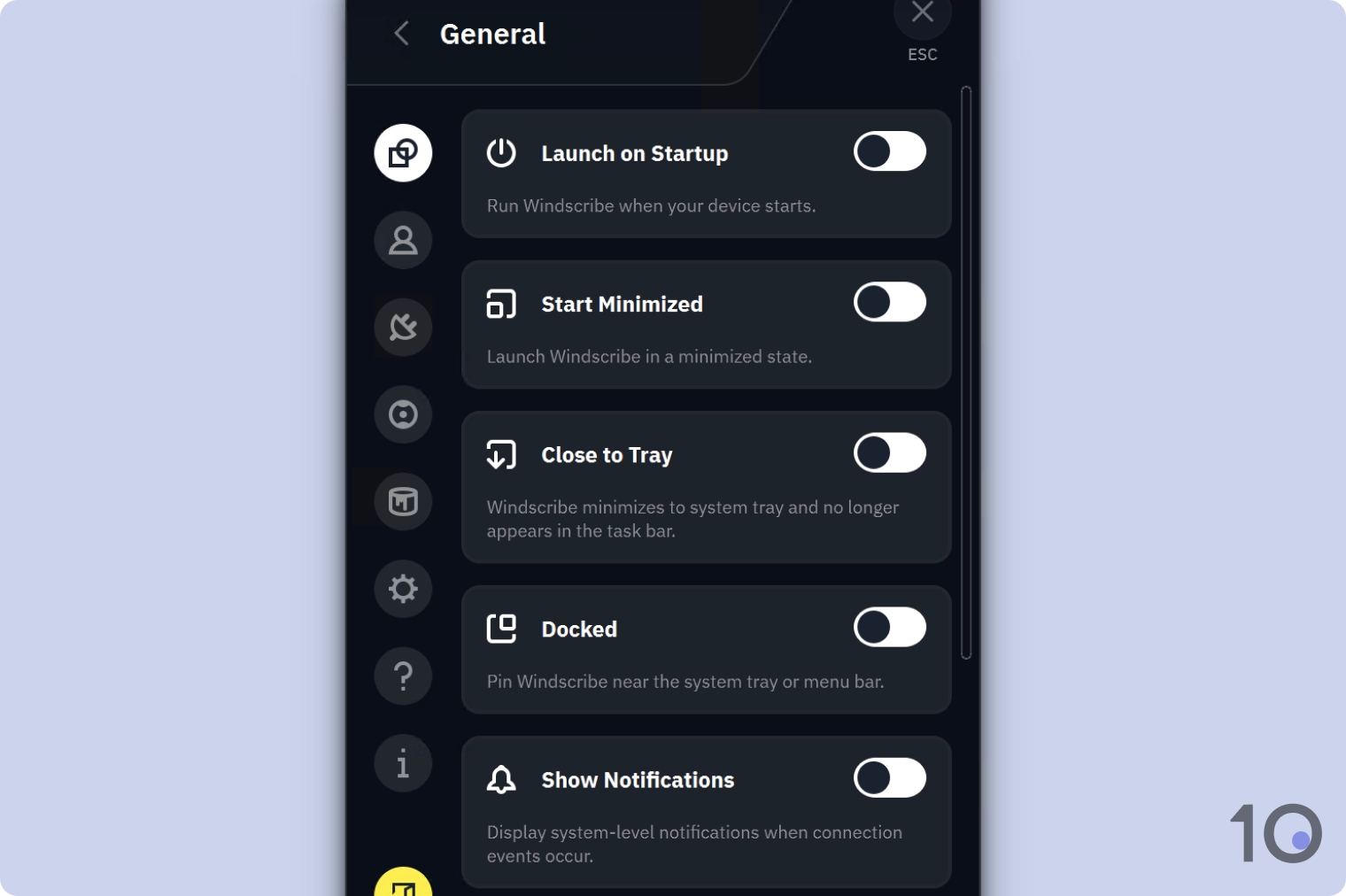Windscribe in-app settings on Windows