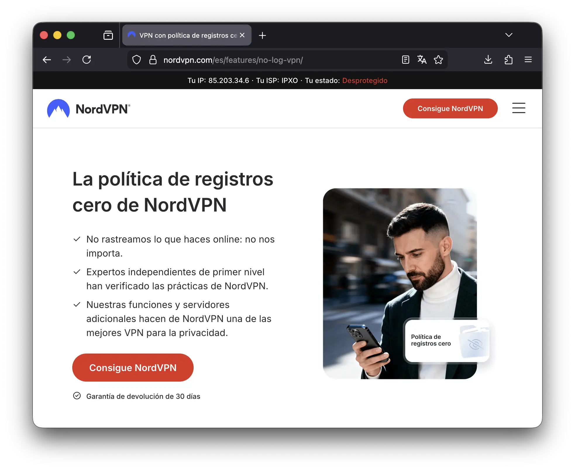La página web de NordVPN.