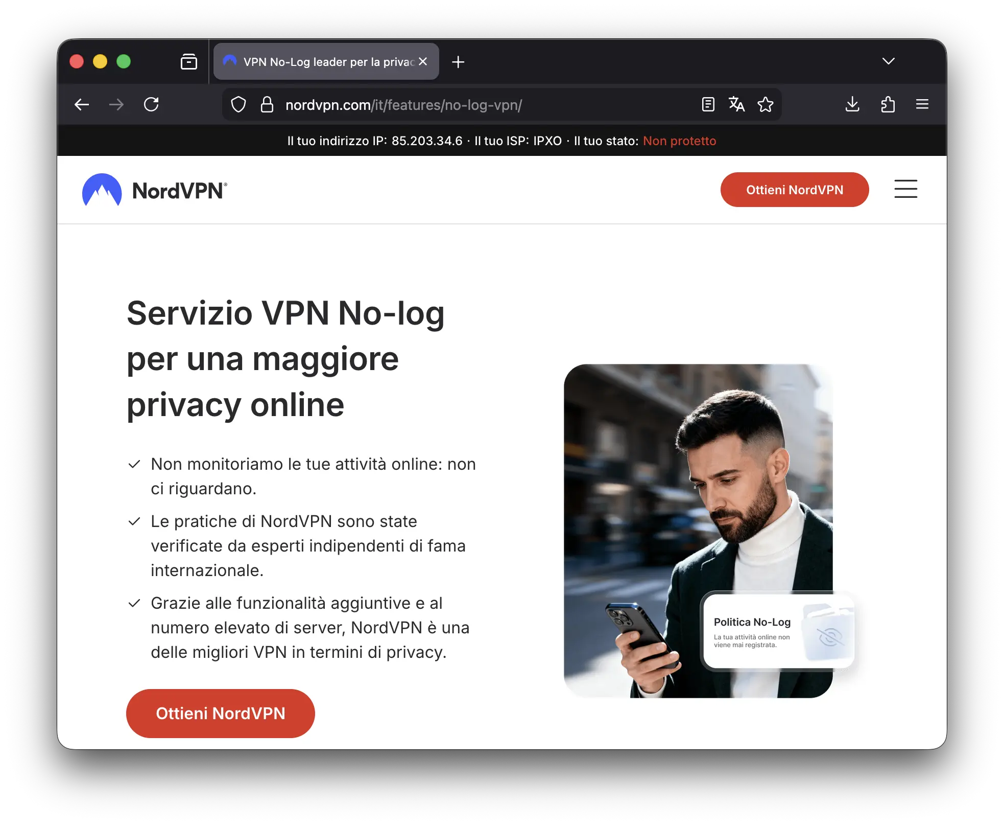 Sito web di NordVPN