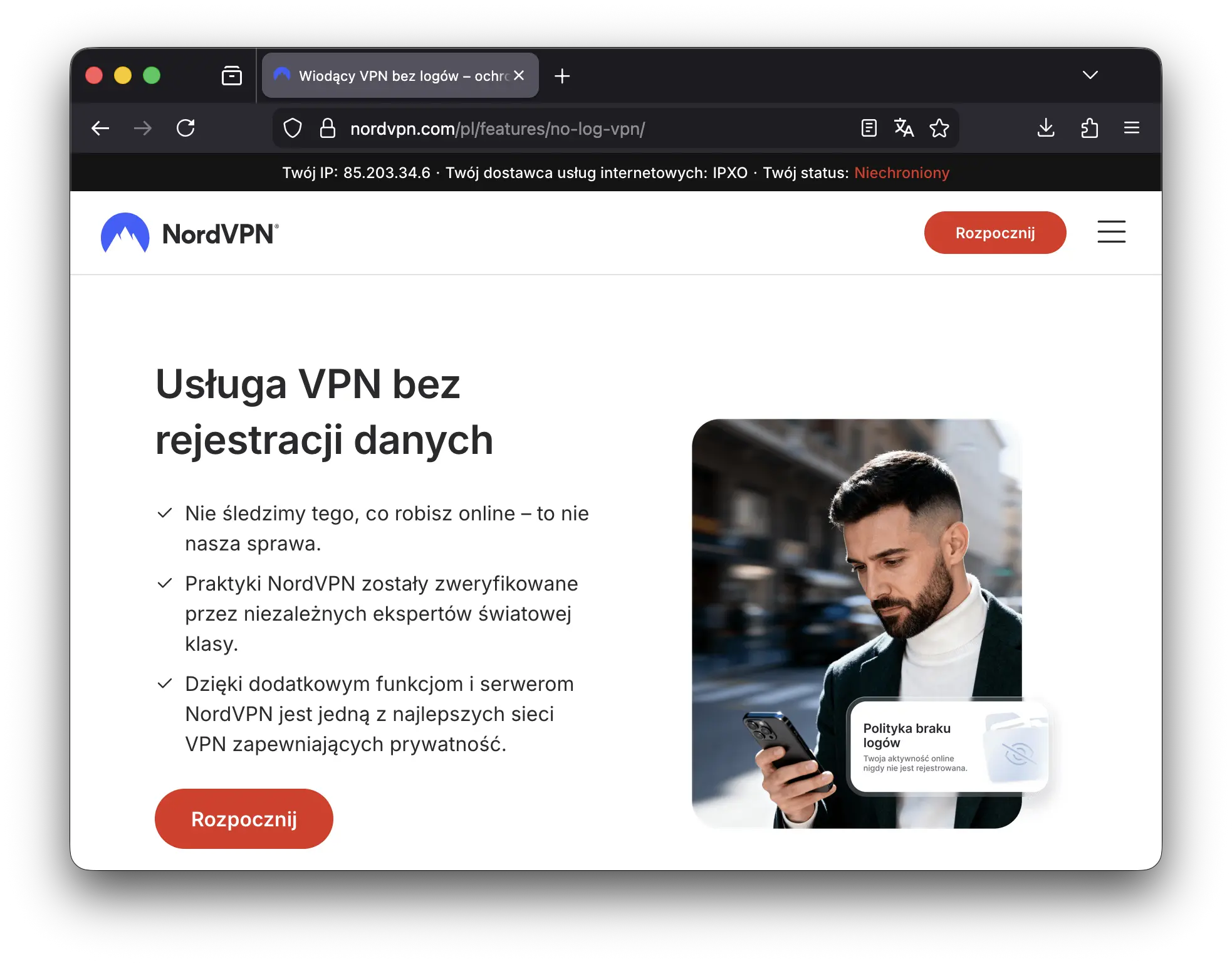 Strona internetowa NordVPN