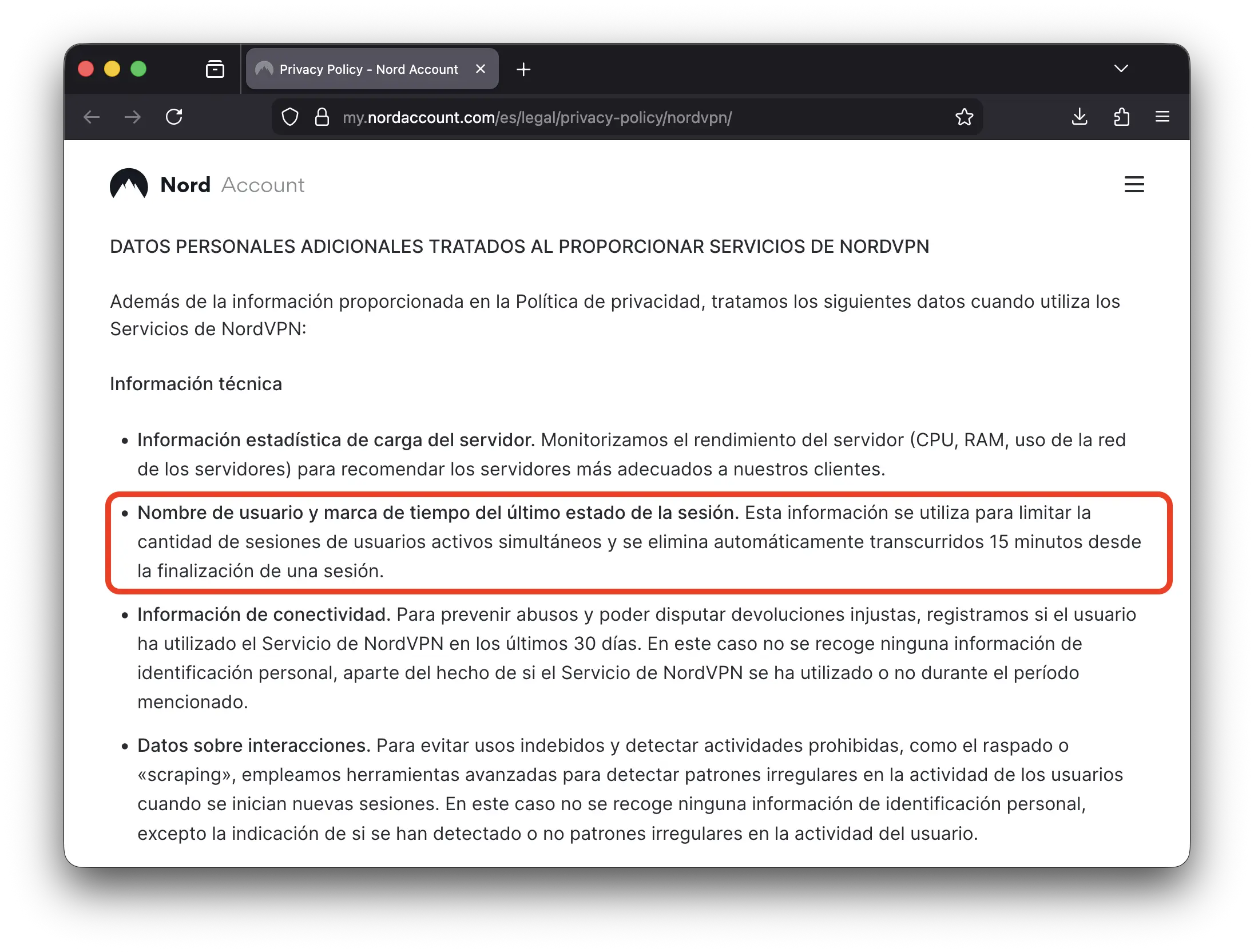 La política de privacidad de NordVPN que dice que registra tu nombre de usuario y la marca de tiempo de cuando inicias sesión durante los 15 minutos después de que se termine la sesión.