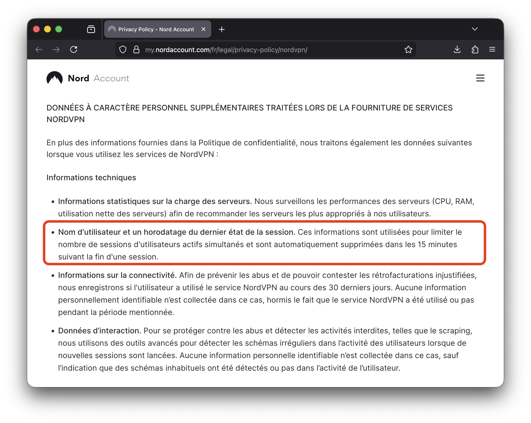 Extrait de la politique de confidentialité de NordVPN