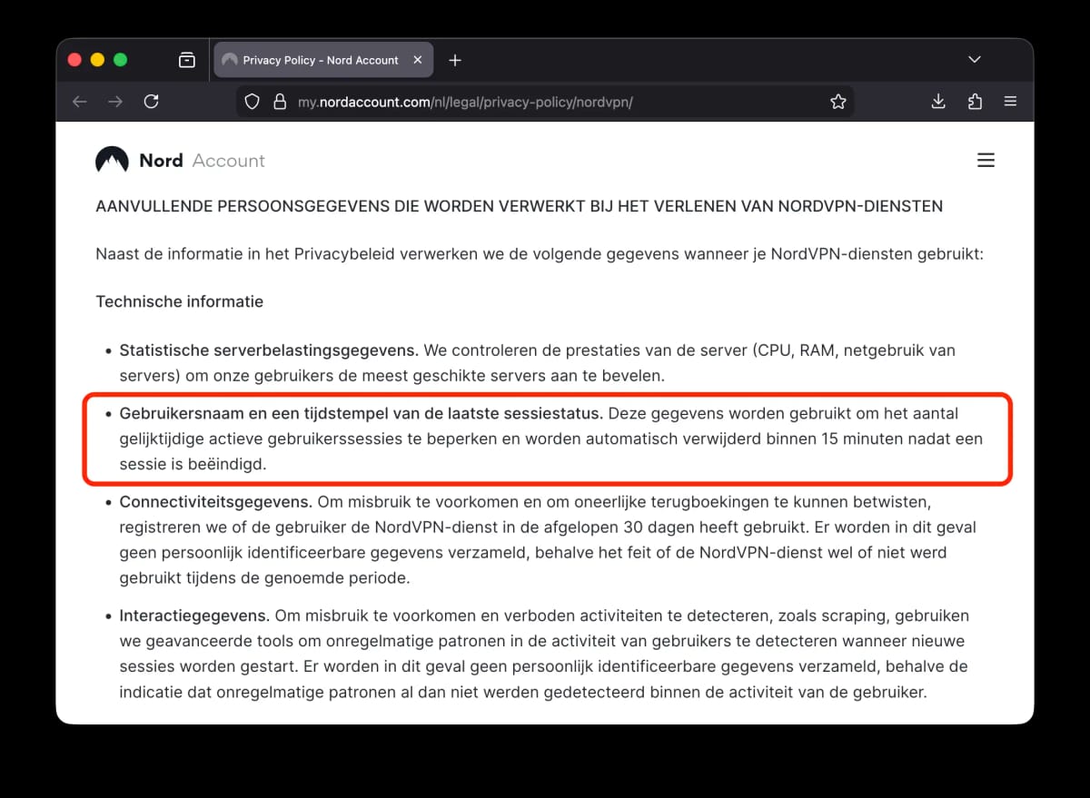 Uittreksel uit het privacybeleid van NordVPN