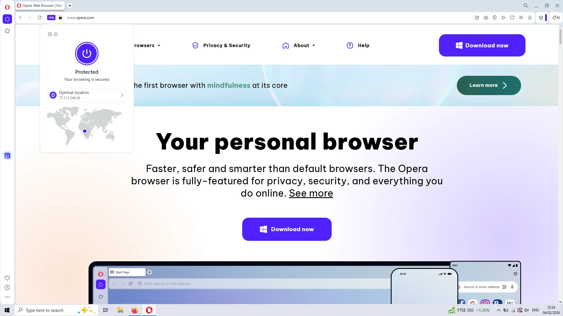 Using Opera's Free Proxy 'Optimal location' Server