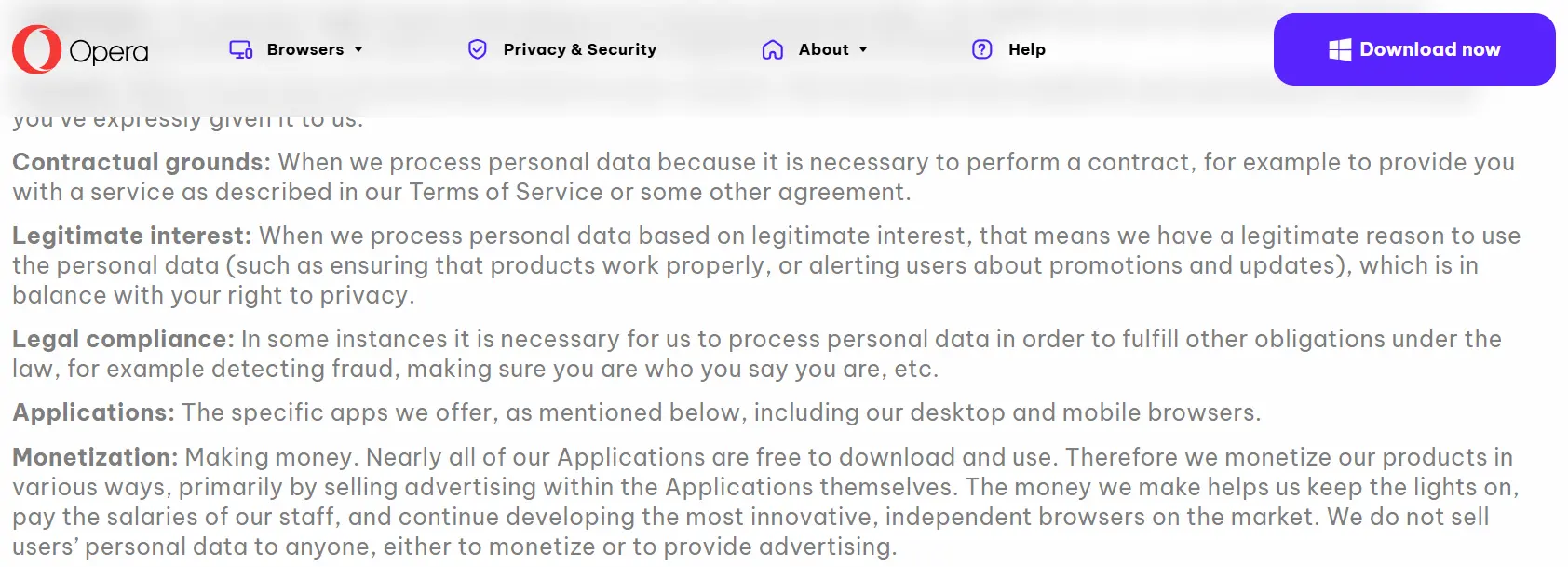 Opera's Monetization Terms in Its Privacy Statement