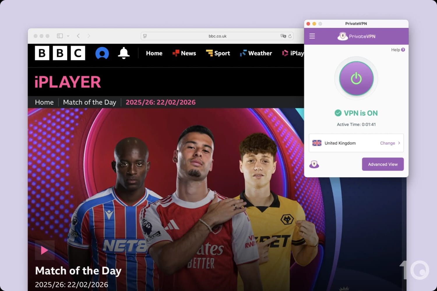 Using PrivateVPN to stream BBC iPlayer.