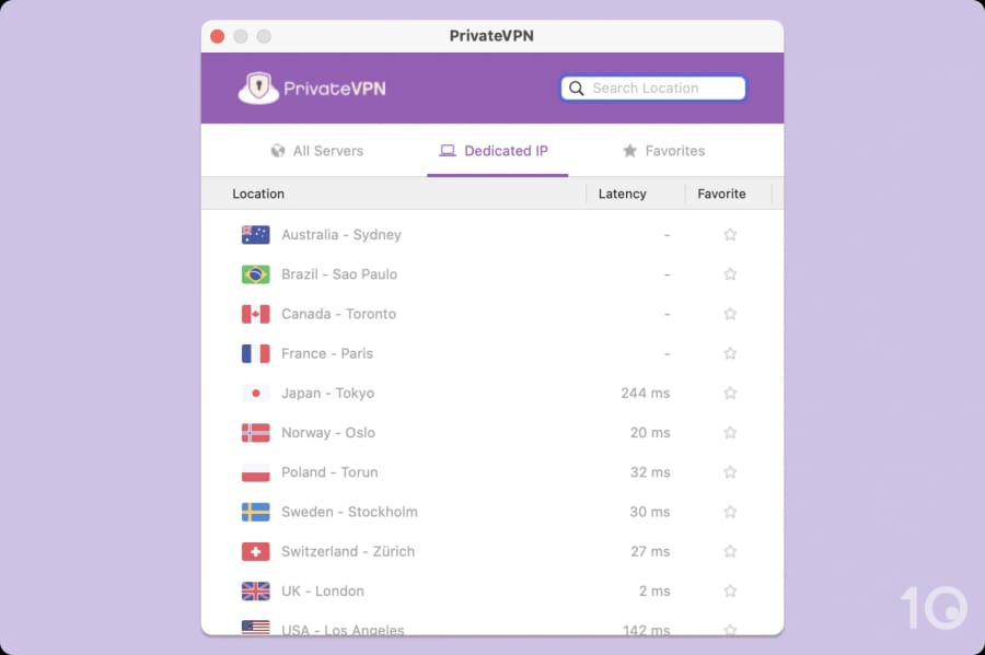PrivateVPN tillhandahåller dedikerade IP-adresser på 13 platser.