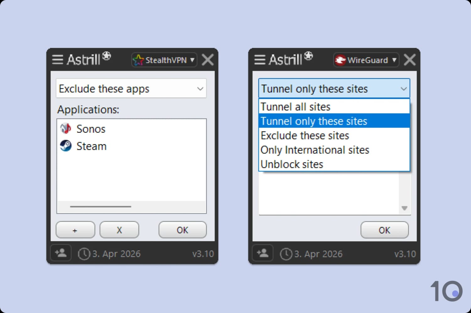 App filter and site filter settings in Astrill VPN