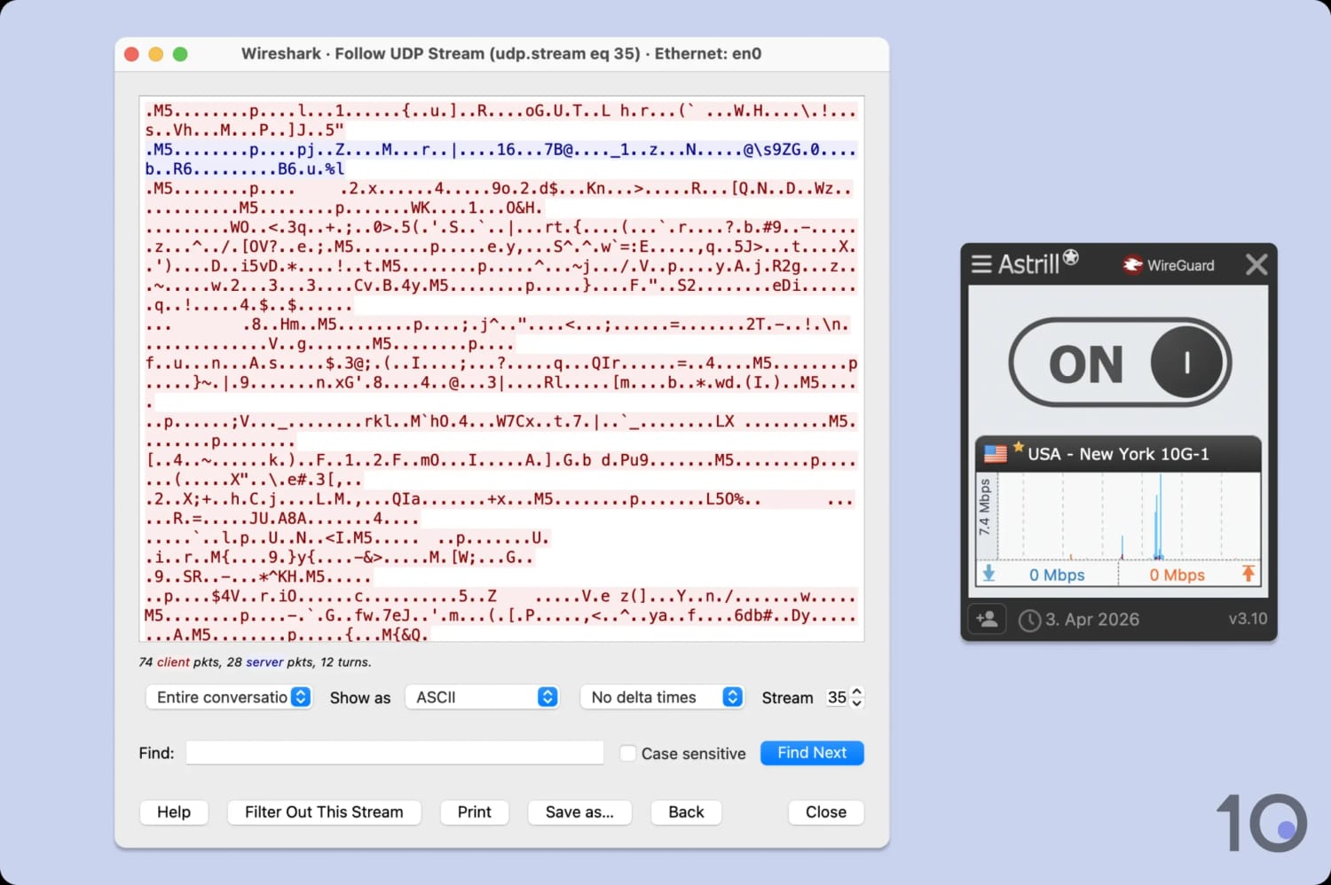 Wireshark results next to Astrill VPN app