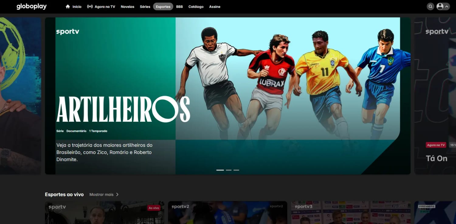 Página inicial de esportes do Globoplay