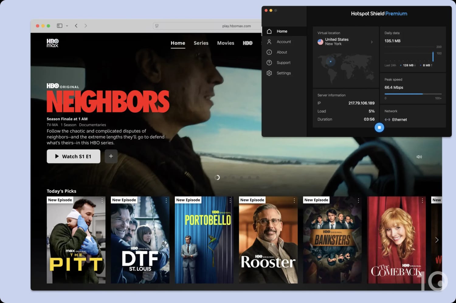 Screenshot of HBO Max alongside the Hotspot Shield app.