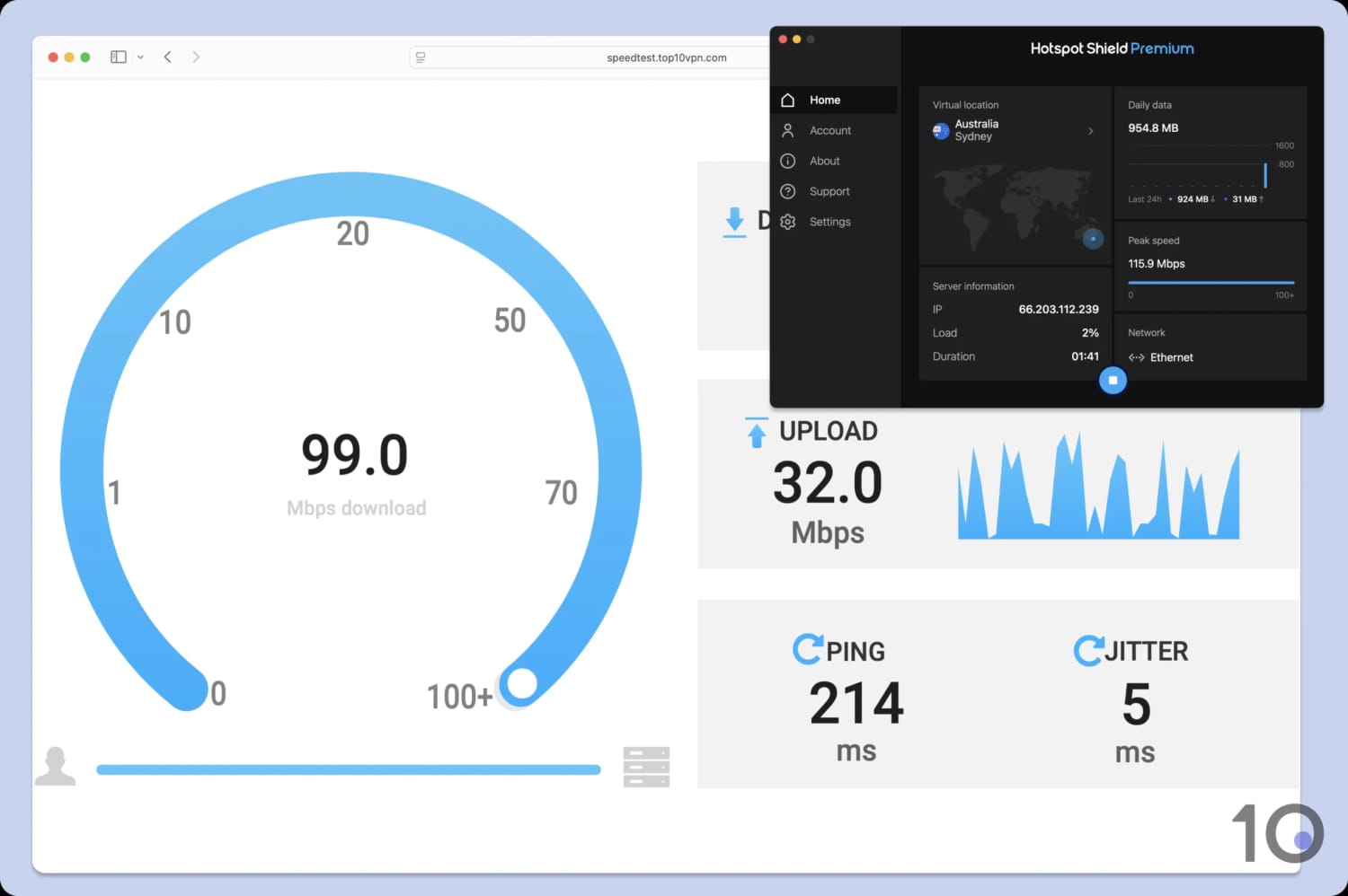 Using Top10VPN's speed tool to test Hotspot Shield.