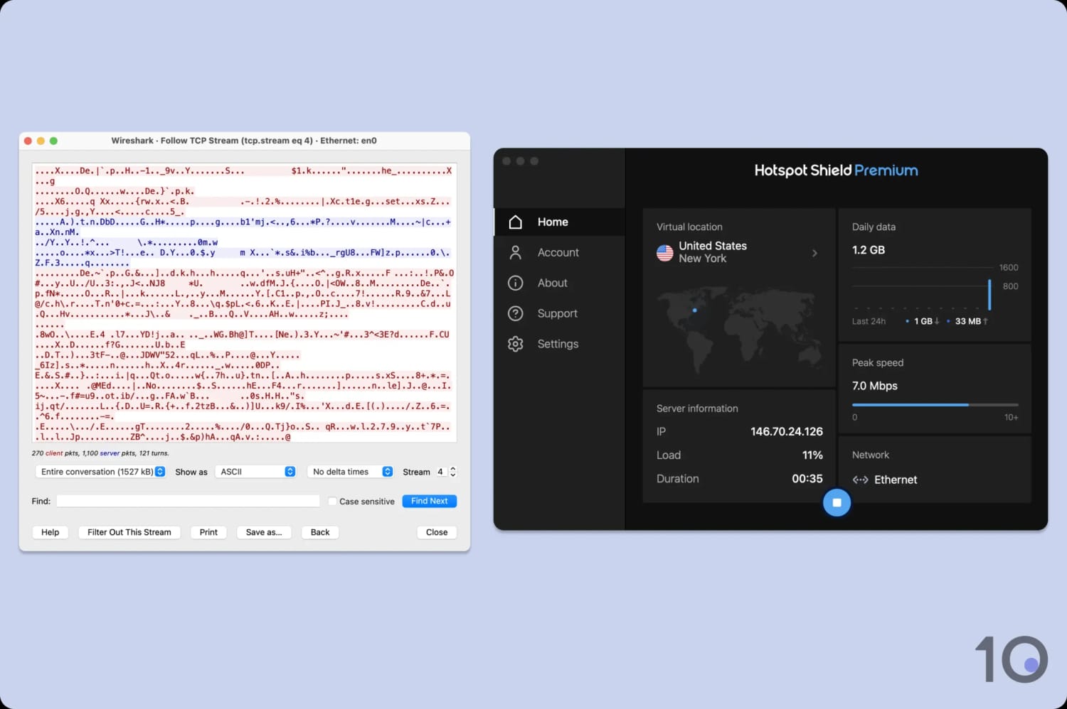 Screenshot of Hotspot Shield's Wireshark results.