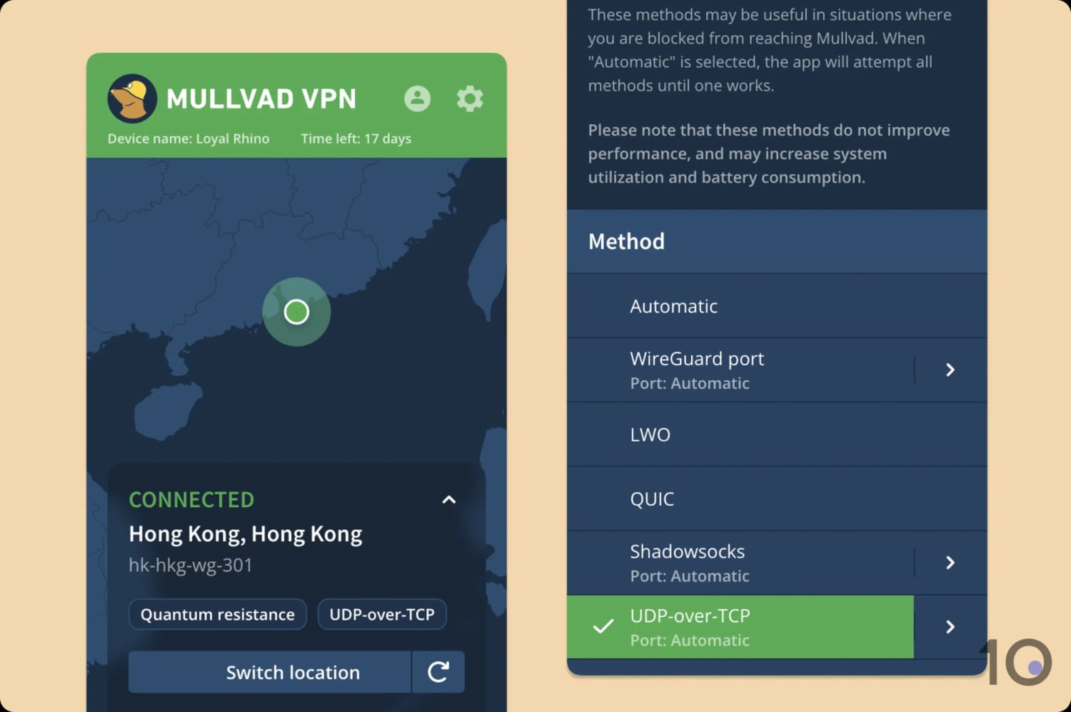Mullvad's obfuscation settings