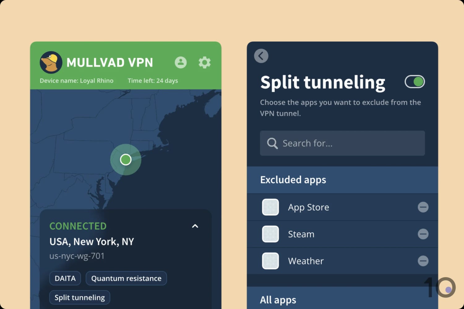 Mullvad's mac app alongside its split tunneling settings