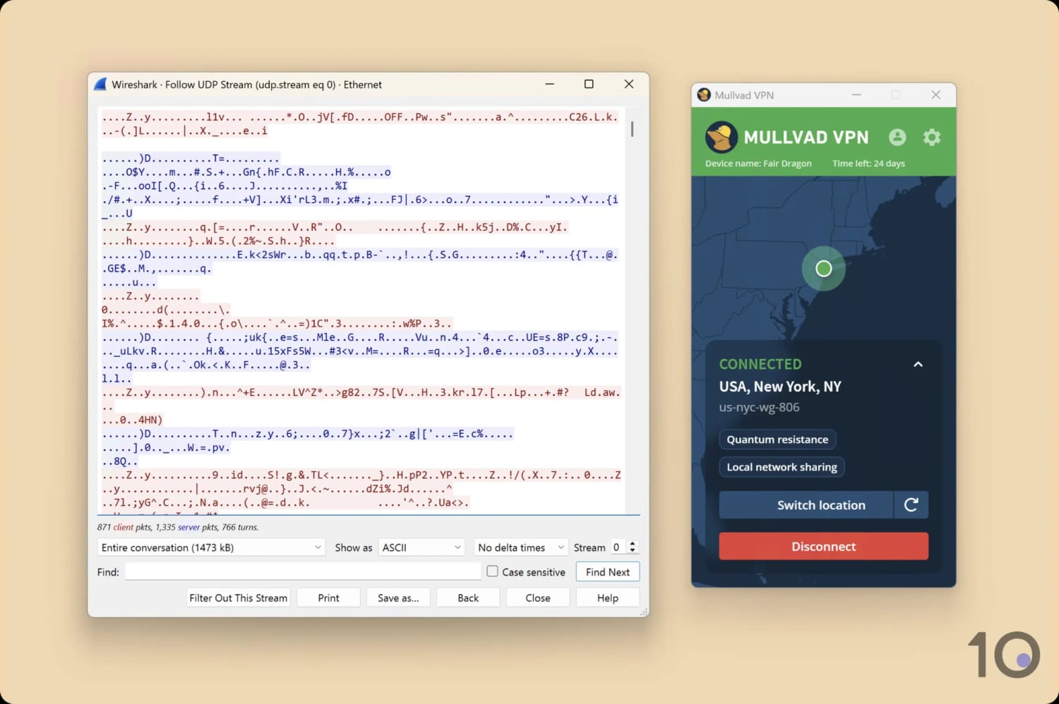 Captured Wireshark ciphertext alongside the Mullvad app