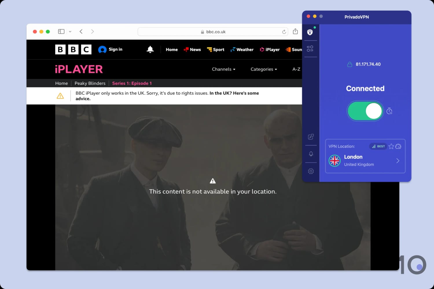 BBC iPlayer error message using PrivadoVPN