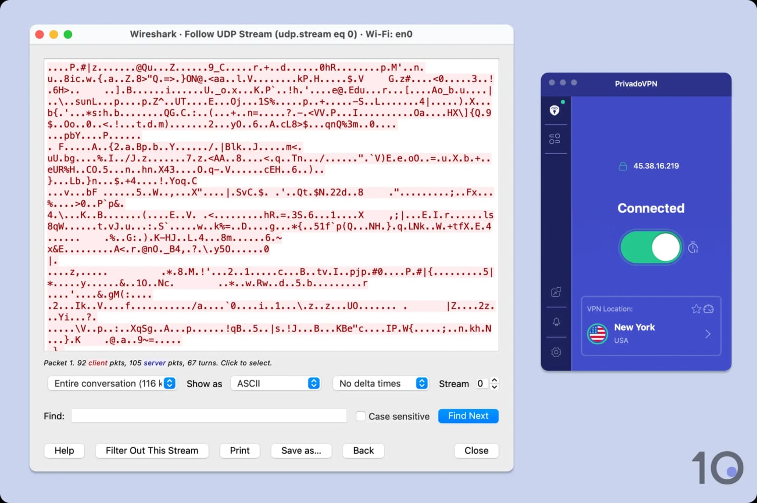 Wireshark displaying ciphertext next to PrivadoVPN