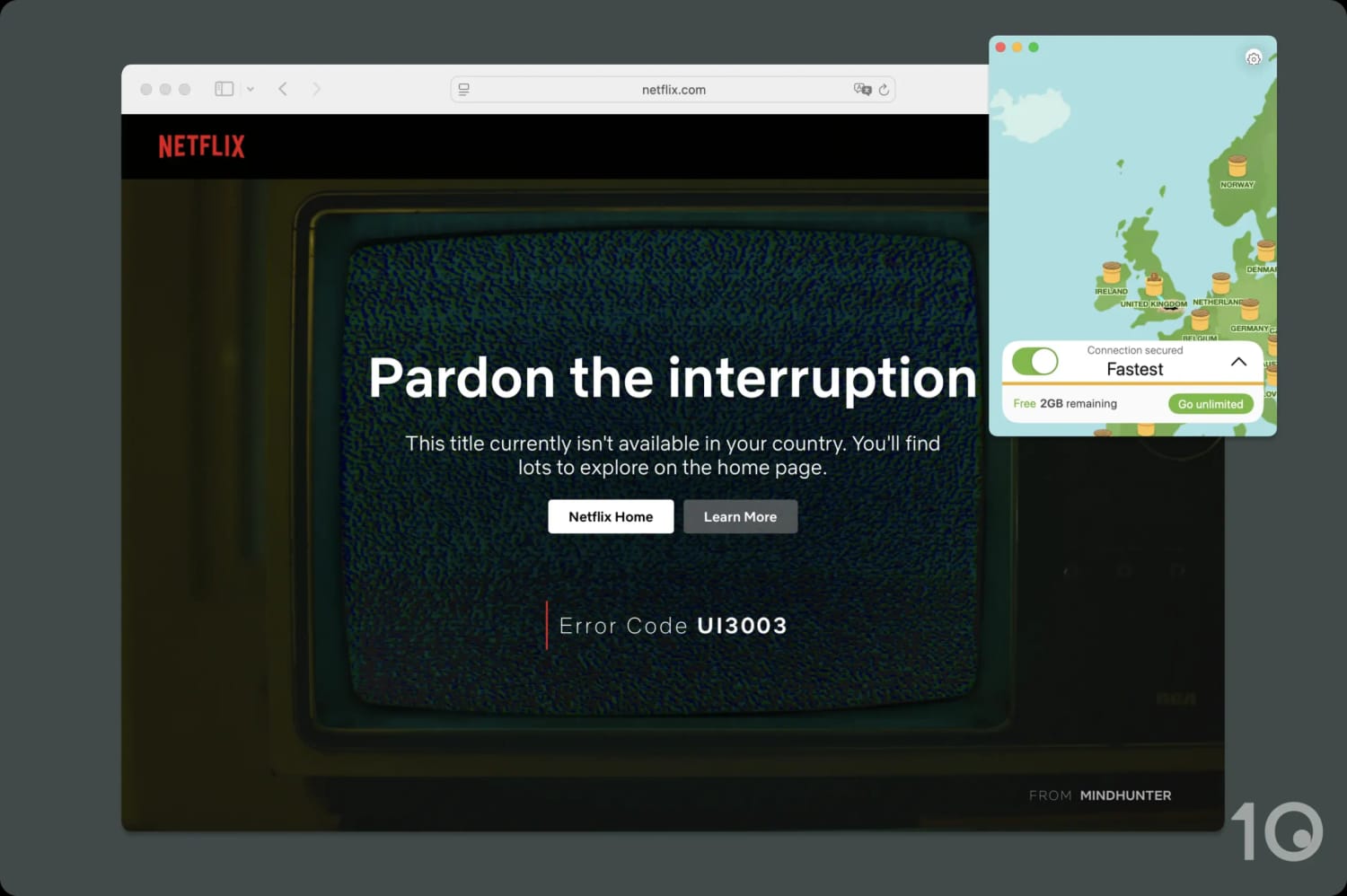 Netflix error message while using TunnelBear.