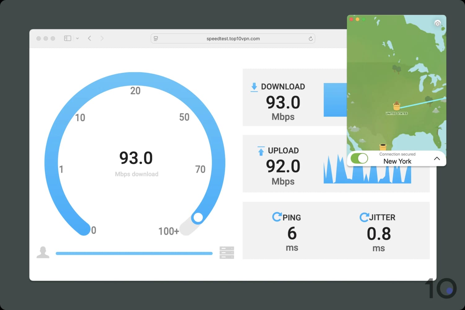 Screenshot of speed test tool and TunnelBear.