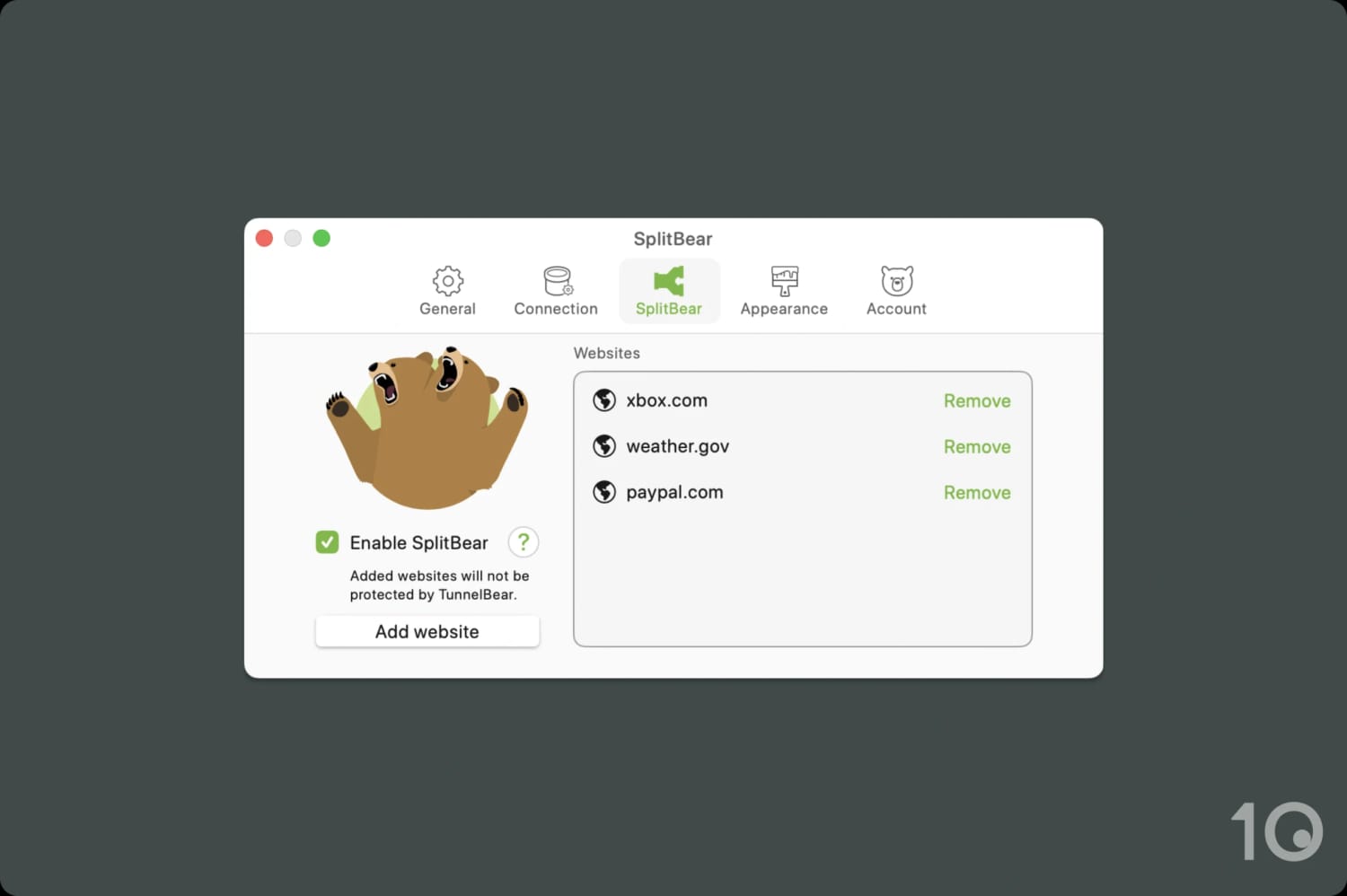 Screenshot of TunnelBear's split tunneling tool.