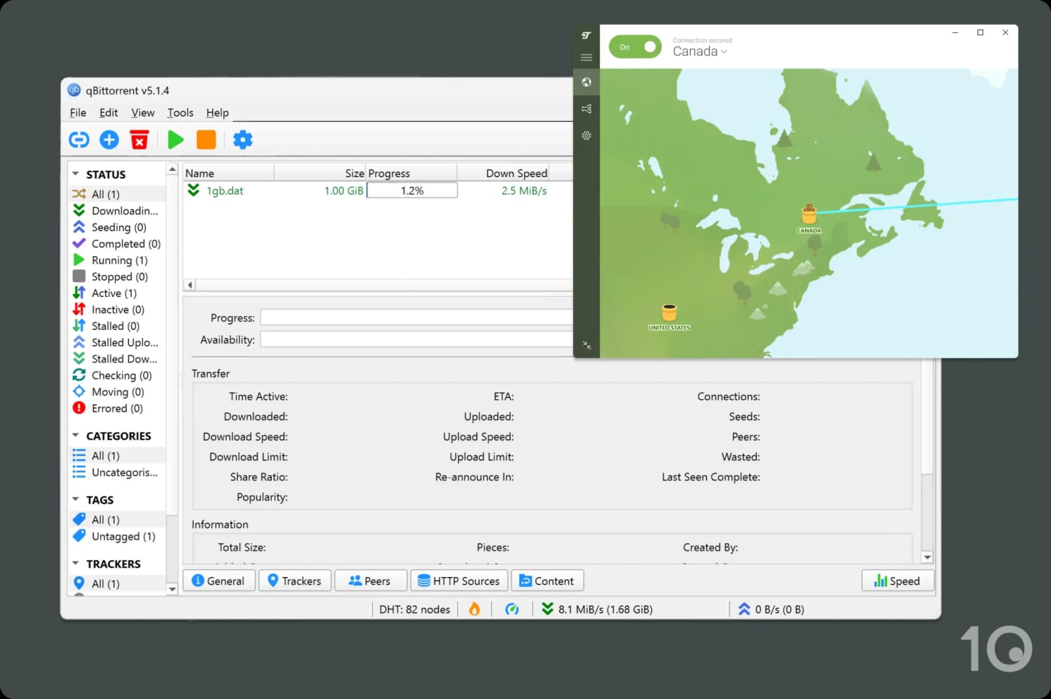 Screenshot of torrenting with TunnelBear.