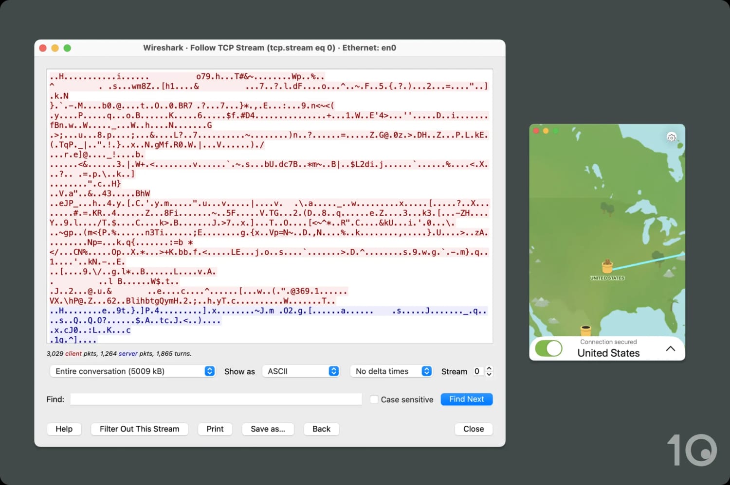 Wireshark results next to the TunnelBear app.