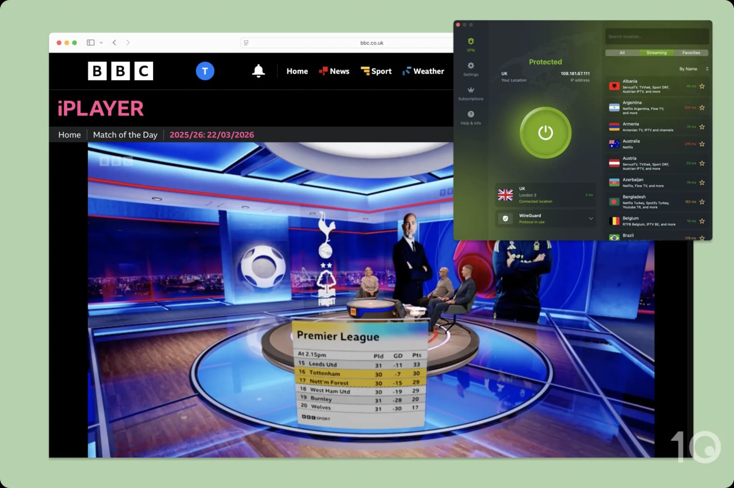 Screenshot of unblocking BBC iPlayer with ZoogVPN.