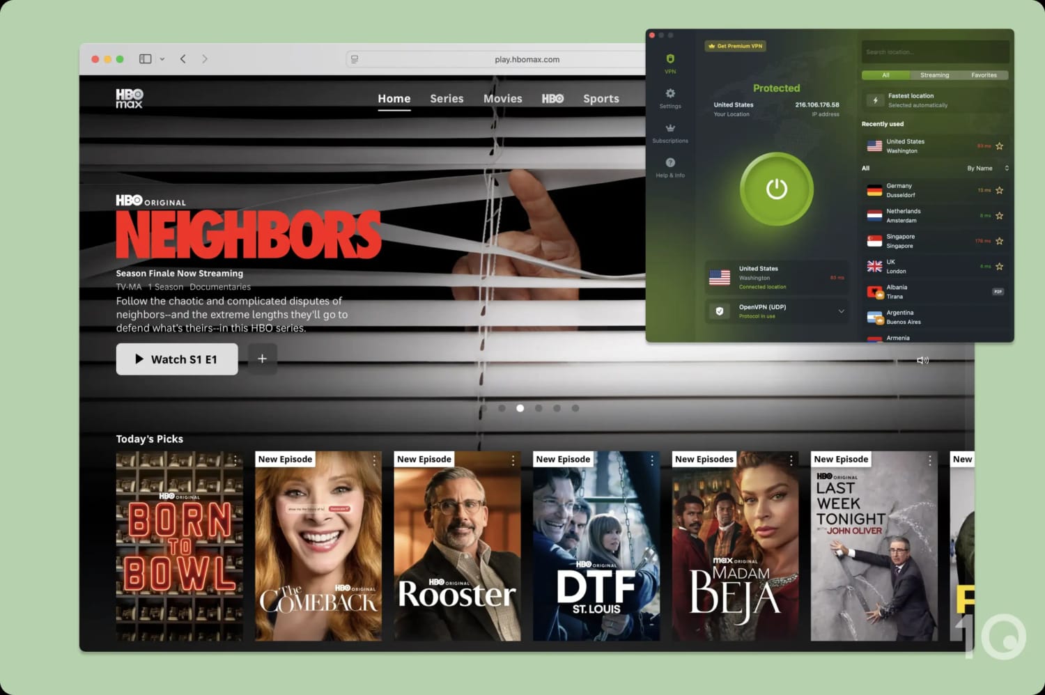Unblocking HBO Max with the free version of ZoogVPN.