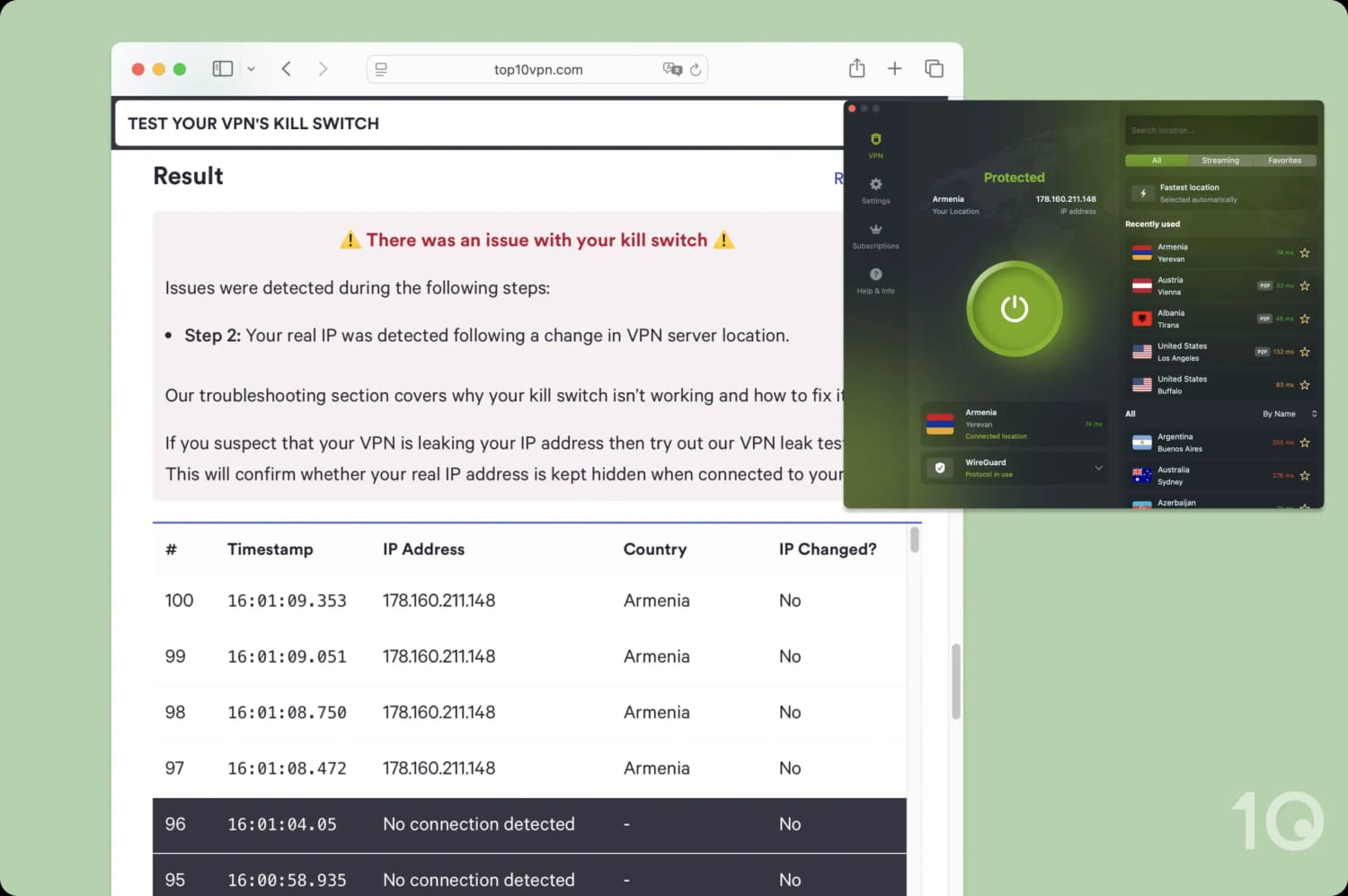 Using Top10VPN's kill switch testing tool on ZoogVPN.