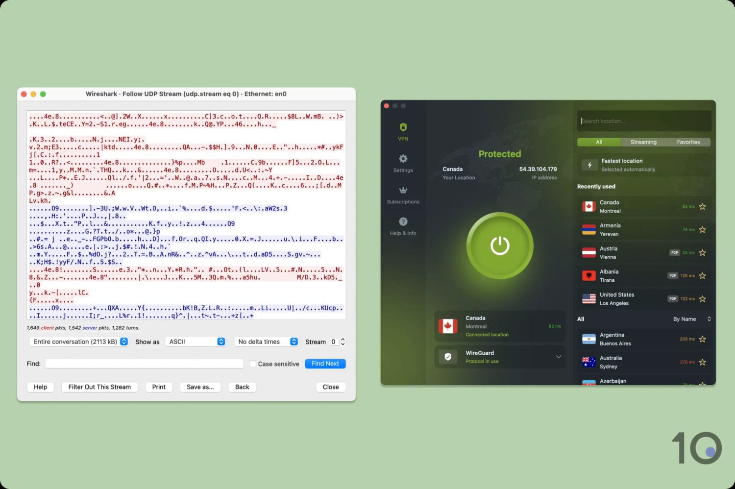 Testing ZoogVPN's encryption with Wireshark.