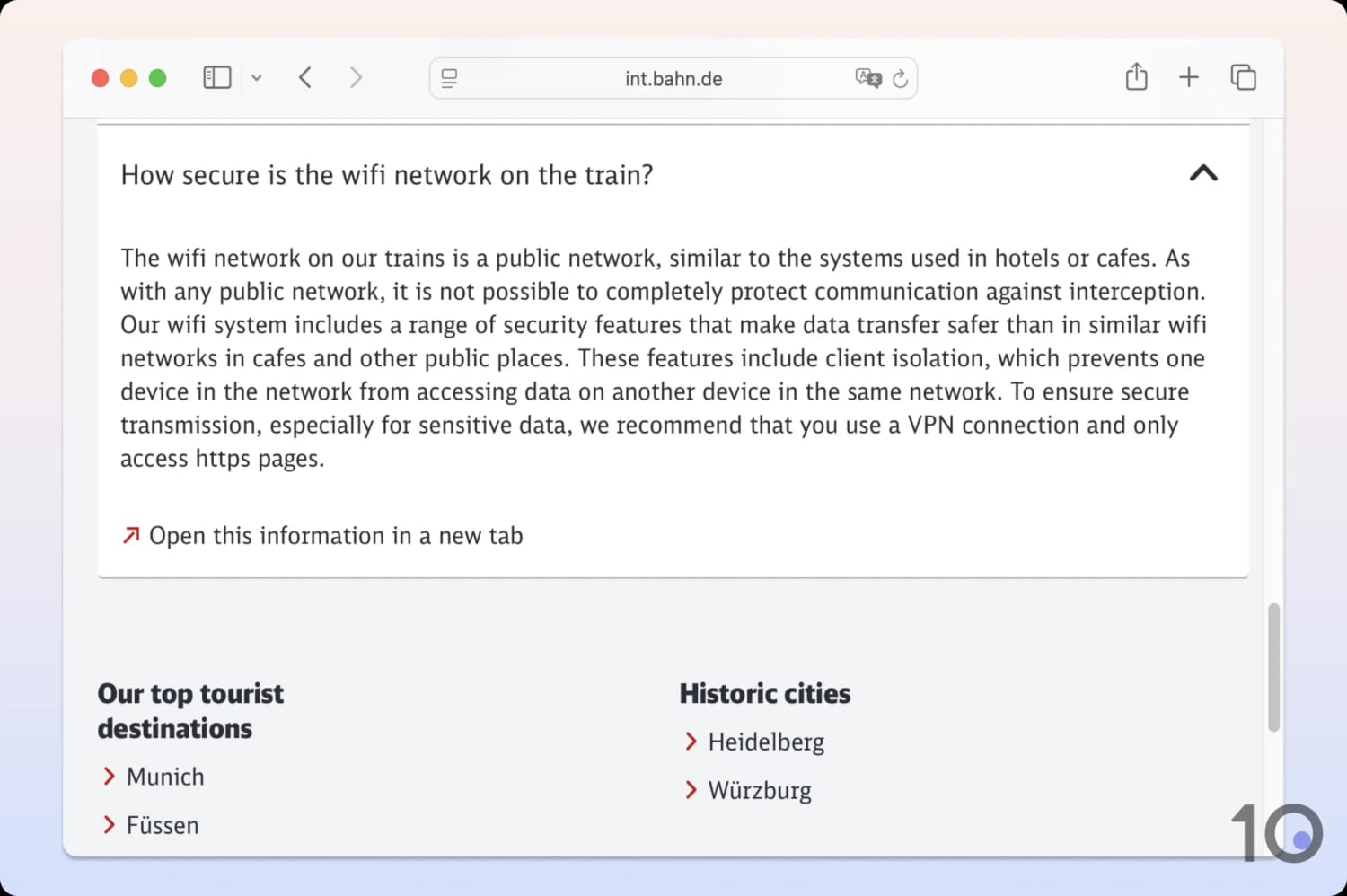 Deutsche Bahn FAQ recommending the use of a VPN.